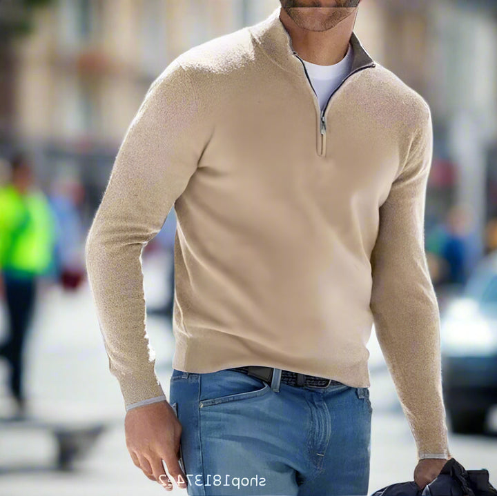 Fashionable men's quarter-zip sweater, designed for easy layering and a sophisticated casual look.