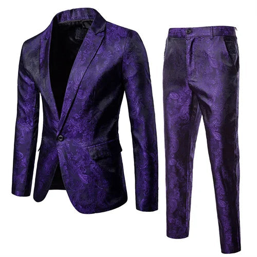 Elegant men's two-piece suit with slim fit blazer and trousers, ideal for formal occasions & galas.