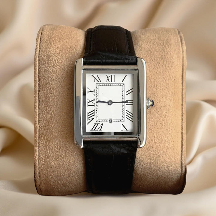 Sophisticated gentleman's square analog quartz watch for dress occasions.