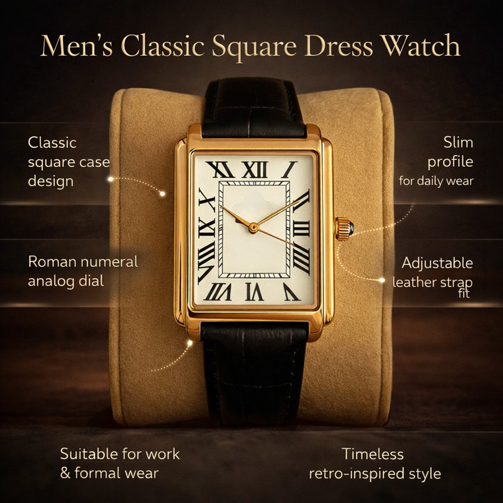 Classic men's retro square analog timepiece; perfect formal accessory.