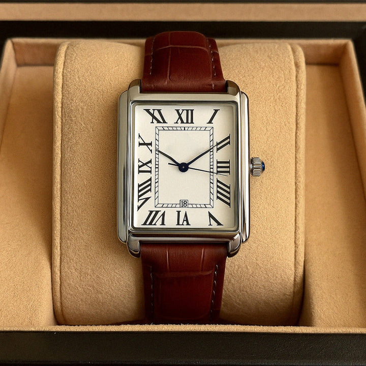 Precision quartz movement men's classic square analog dress watch.
