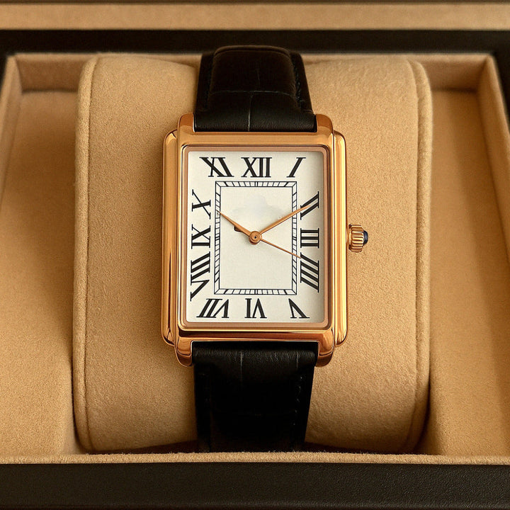 Men's classic square retro analog dress watch on a wrist, showcasing style.