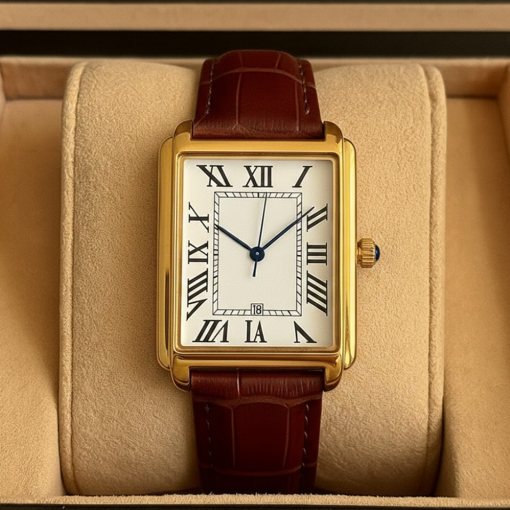 Detailed view of the men's square analog retro dress watch dial.