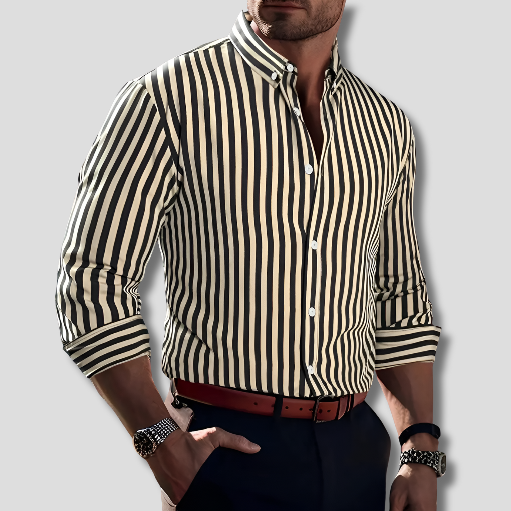 Men's classic striped long-sleeve button-down shirt for smart casual & everyday wear. Versatile & comfortable.