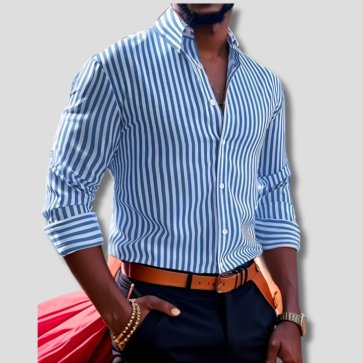 Close-up: Men's classic striped long-sleeve shirt fabric, highlighting versatile, smart casual button-down pattern.
