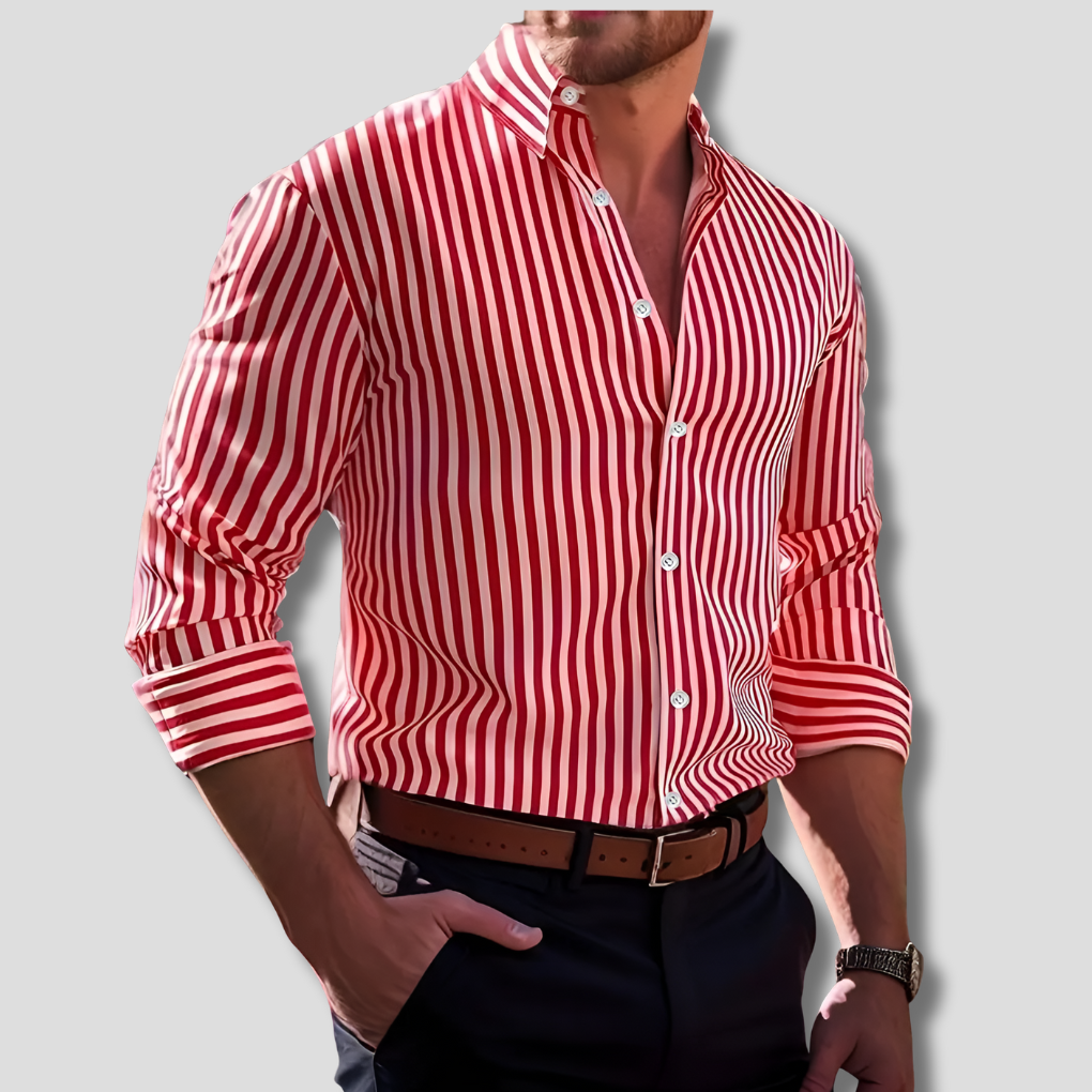 Man wearing a casual men's classic striped long-sleeve shirt, perfect for versatile everyday & relaxed occasions.