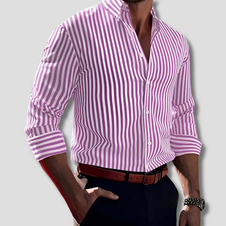 Man in a smart casual men's classic striped button-down shirt, ideal for business, formal, and versatile styling.