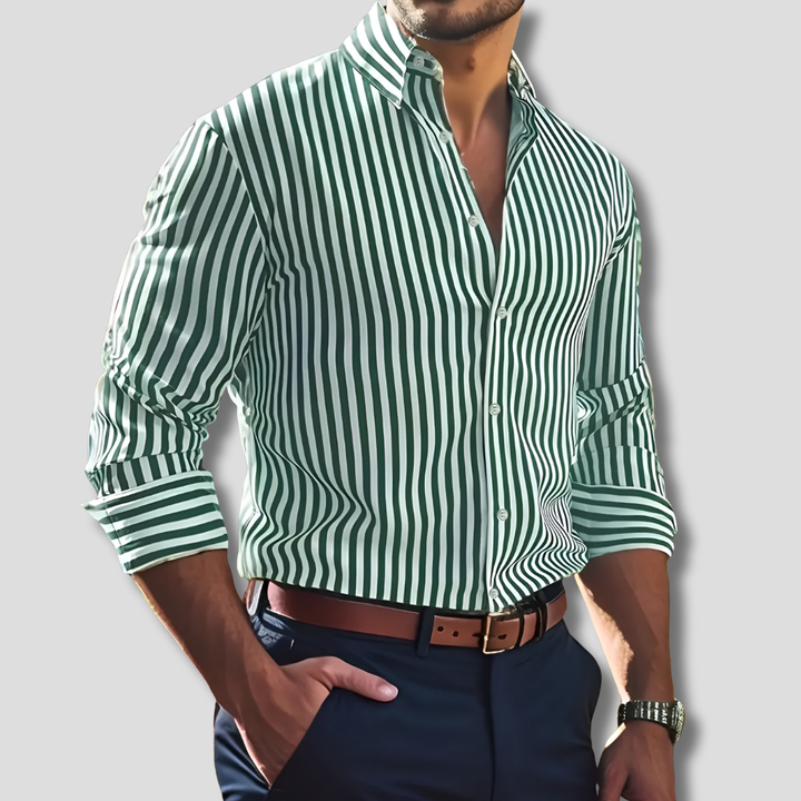 Folded men's classic striped long-sleeve shirt, a versatile button-down for casual, business, or formal styling.