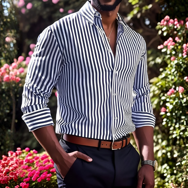 Back view of men's classic striped long-sleeve button-down shirt, showcasing versatile smart casual design.