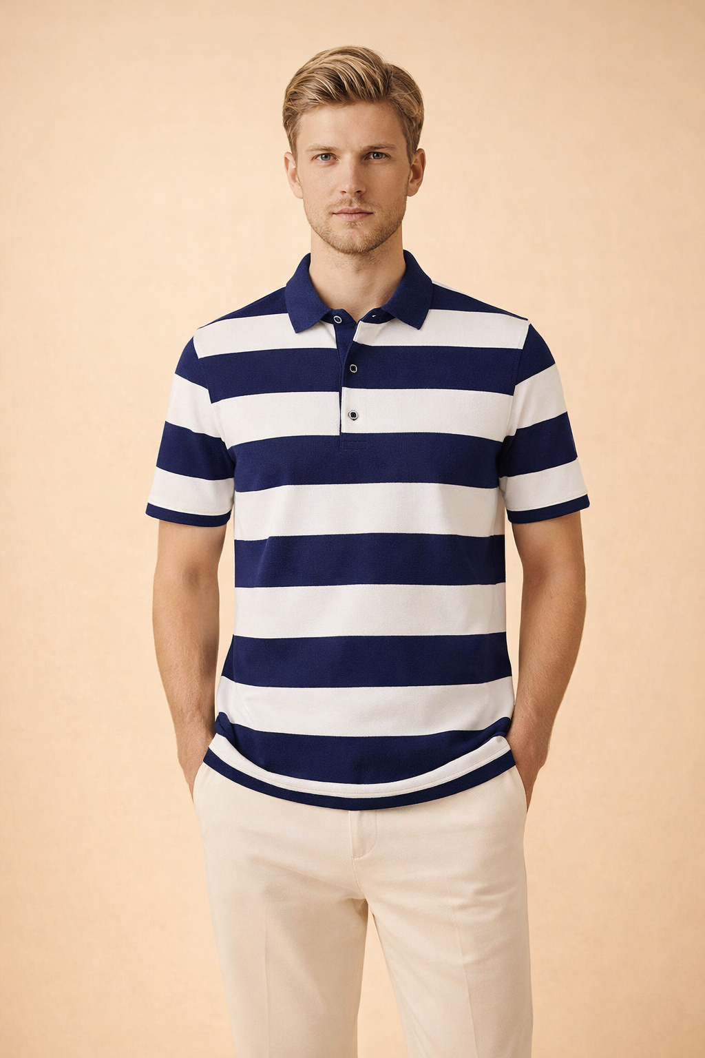 Men's classic striped polo shirt in smart casual style. Short sleeve top perfect for everyday summer wear.