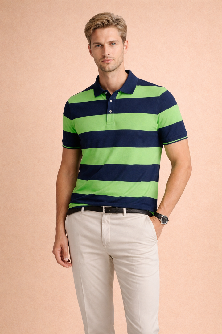 Versatile men's striped polo shirt, a modern smart casual top. Short sleeve for everyday comfort & style.
