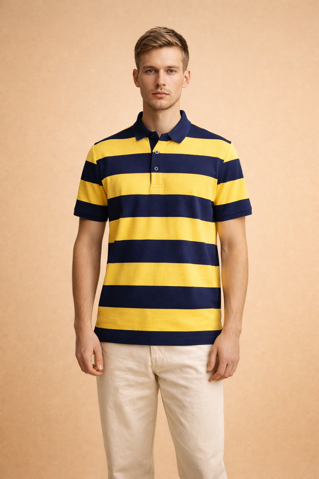 Stylish men's short sleeve polo shirt with classic stripes. Ideal modern top for smart casual fashion & summer.