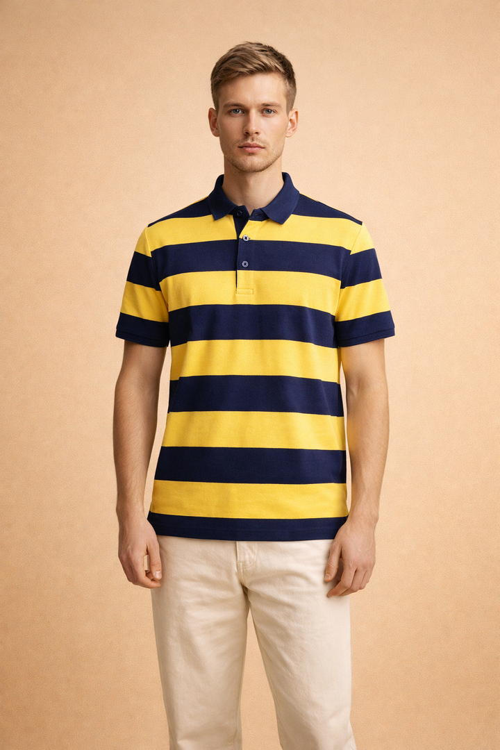 Stylish men's short sleeve polo shirt with classic stripes. Ideal modern top for smart casual fashion & summer.
