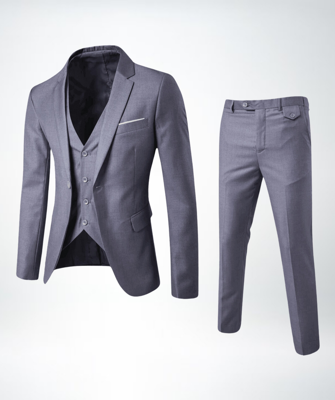 Distinguished men's classic three-piece suit, sophisticated style for formal events & business.