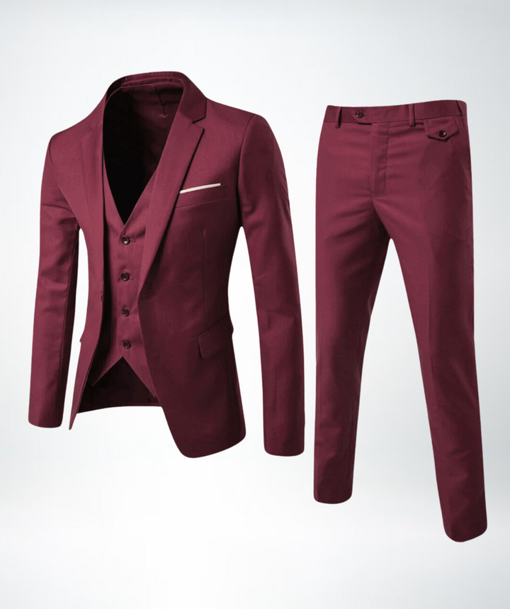 Men's formal three-piece suit: classic jacket, vest, & trousers for elegant business & special occasions.