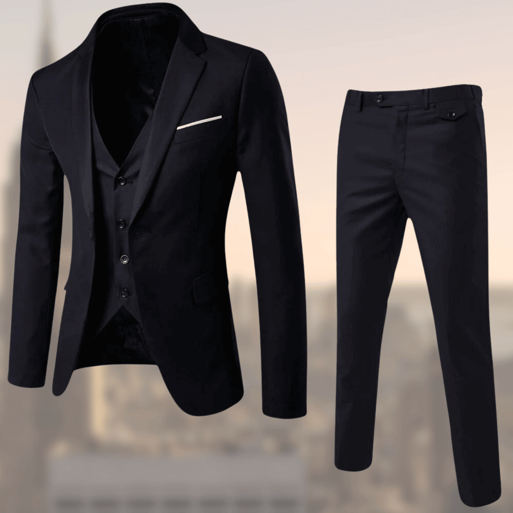 Versatile men's three-piece suit, Lucas, perfect for business meetings, weddings & formal events.