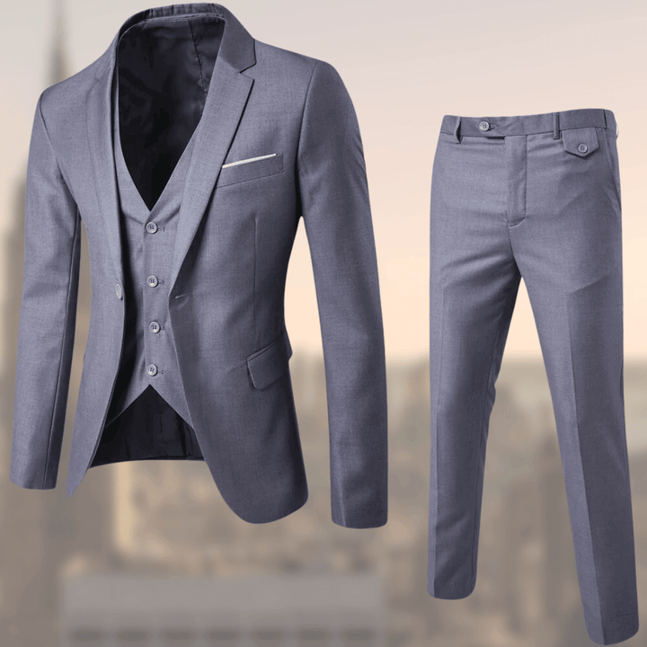 Classic Lucas men's three-piece suit, elegant formal wear for distinguished style & special occasions.