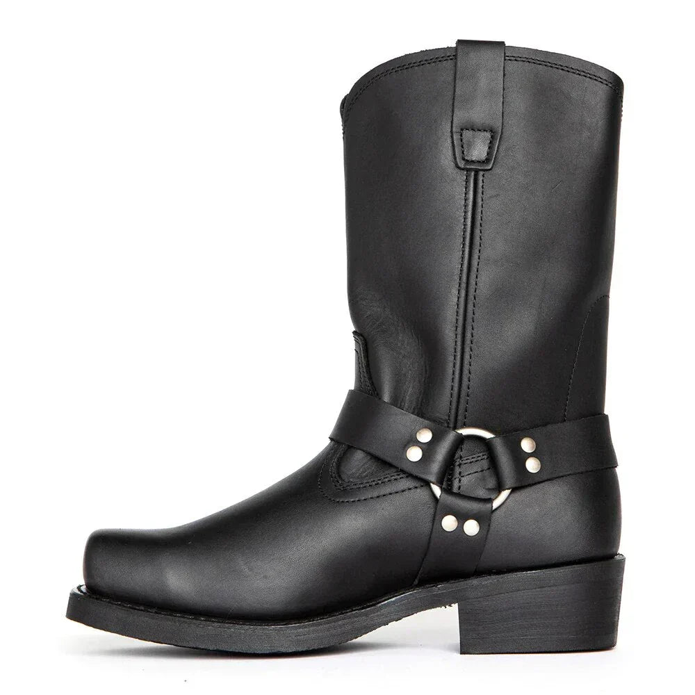 Rugged men's waterproof cowboy boots with classic western styling. Durable pull-on outdoor footwear for riding & comfort.