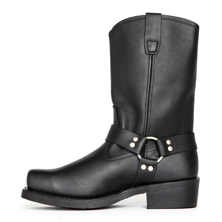 Rugged men's waterproof cowboy boots with classic western styling. Durable pull-on outdoor footwear for riding & comfort.