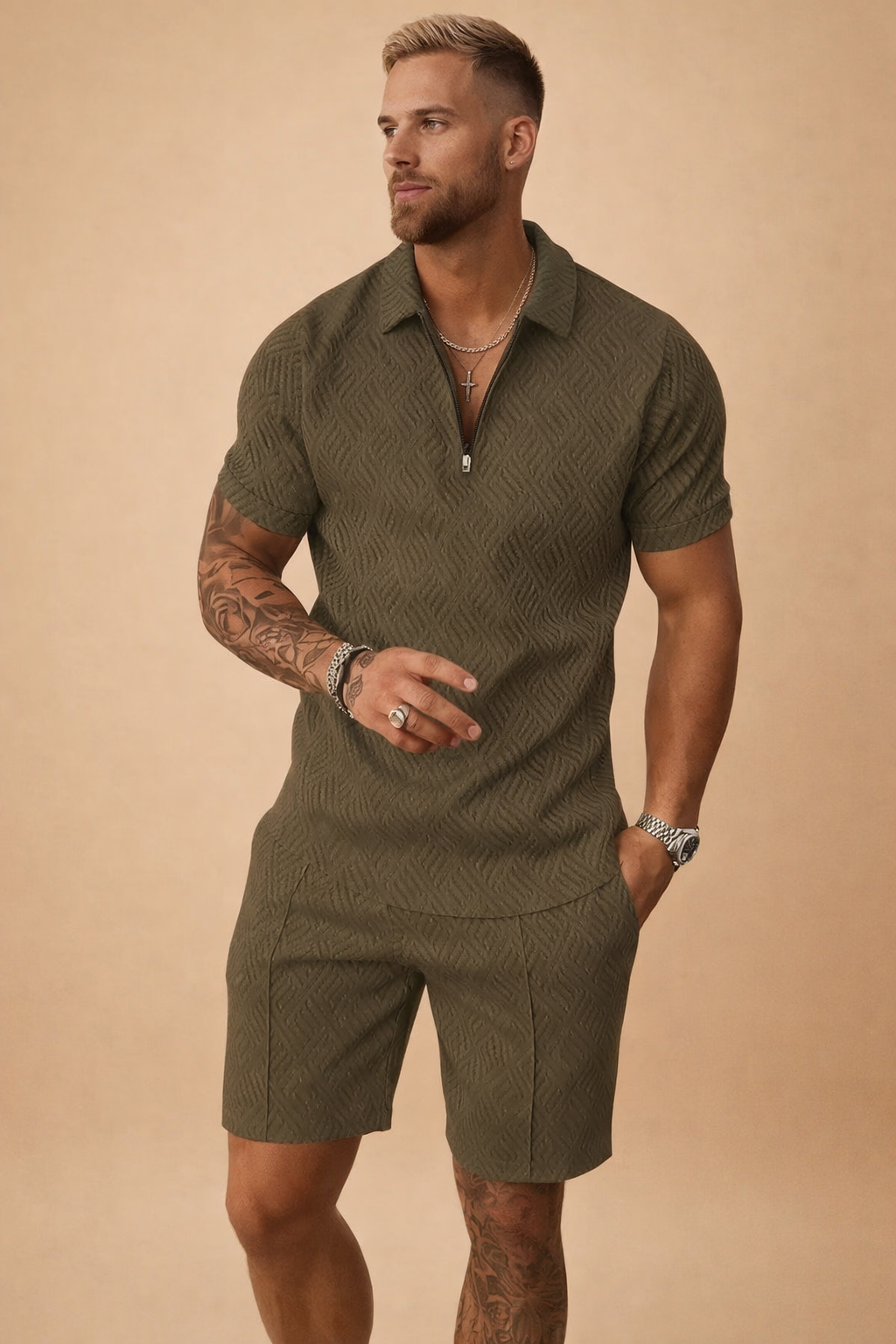 Stylish men's polo shirt, part of a coordinated shorts set for warm weather. Ideal for casual summer fashion.