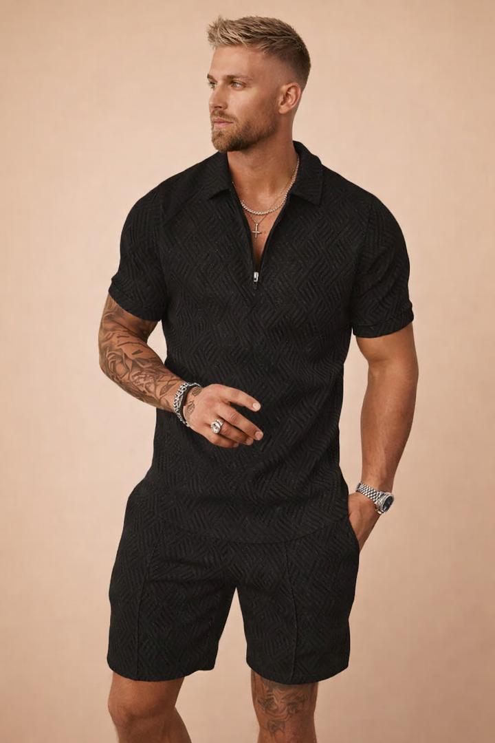 Tailored shorts for men, paired with a matching collared polo shirt in a comfortable summer outfit set.