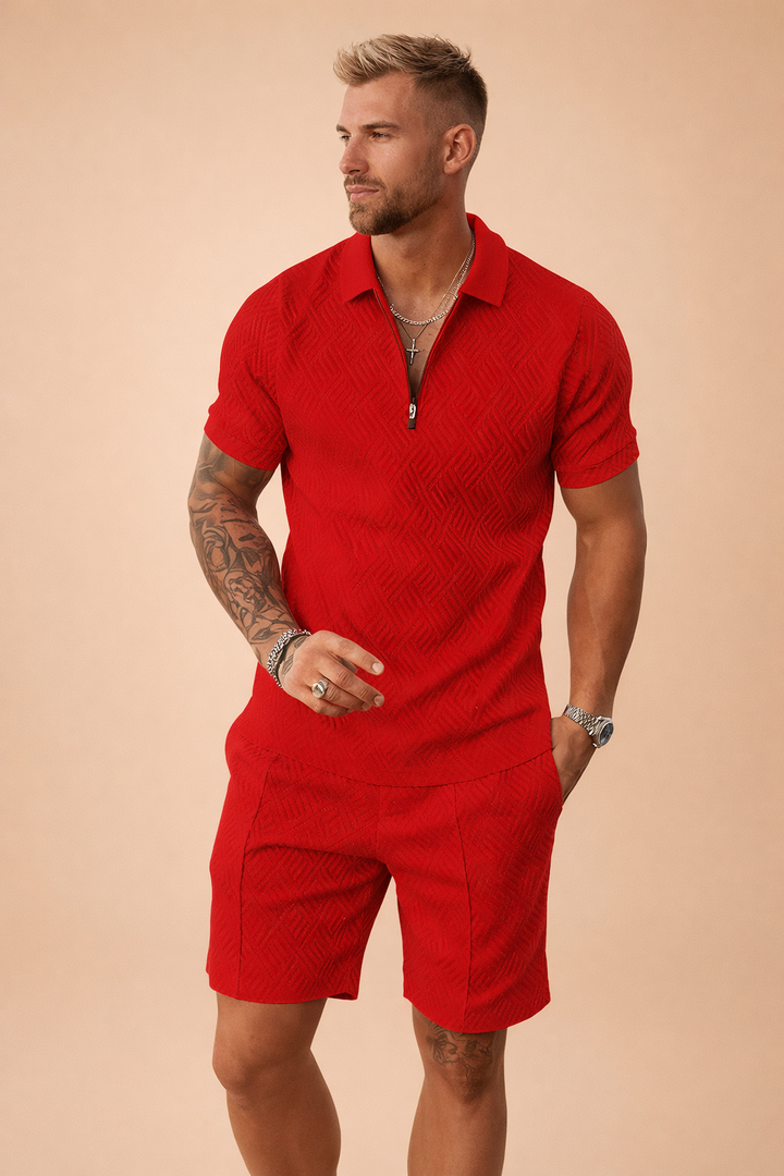 Coordinated men's fashion set featuring a classic collared polo shirt and comfortable tailored shorts.