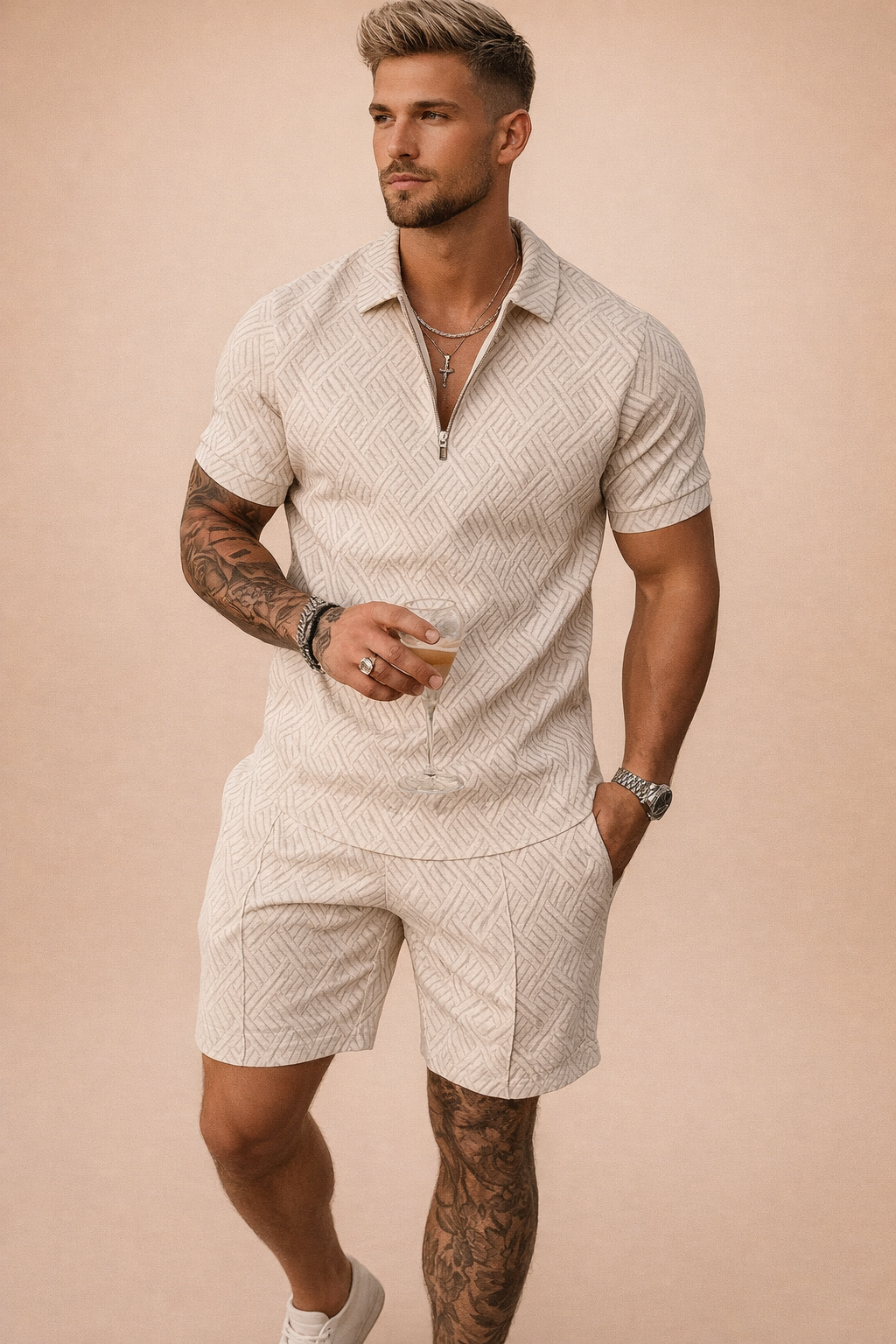 Casual men's summer look: collared polo and tailored shorts set, designed for comfort and style.