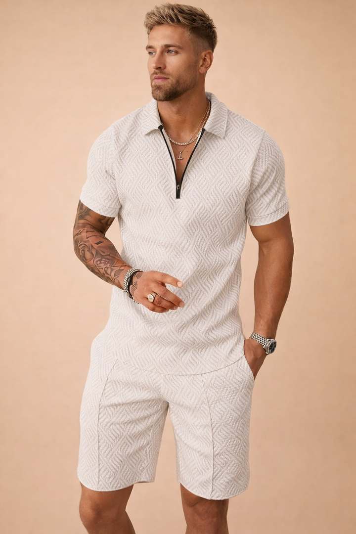 Elegant tailored shorts and a classic collared polo shirt, a versatile men's set for any summer occasion.