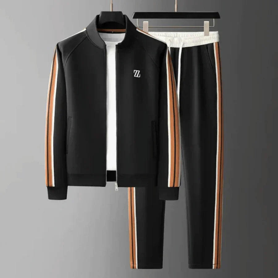 Athletic men's black tracksuit set, comfortable activewear for jogging, gym, or stylish loungewear and casual use.