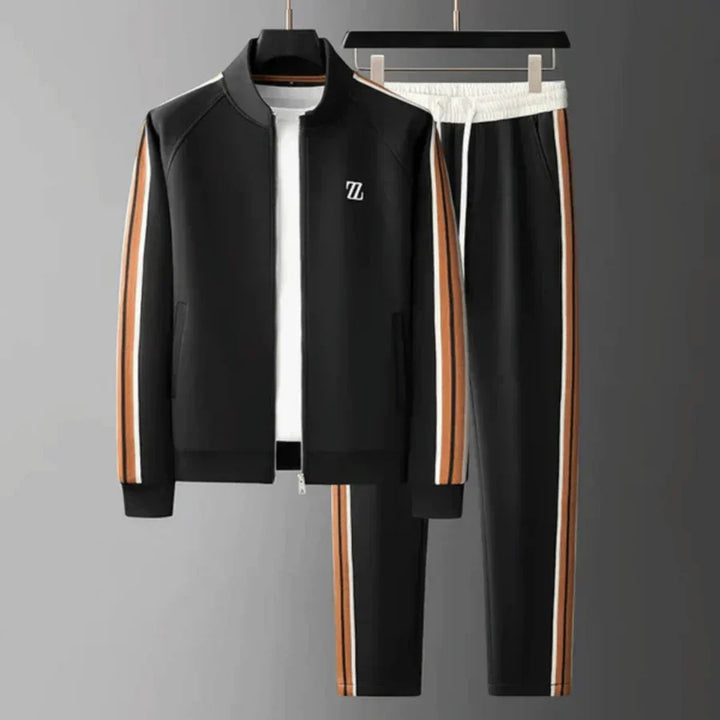 Athletic men's black tracksuit set, comfortable activewear for jogging, gym, or stylish loungewear and casual use.