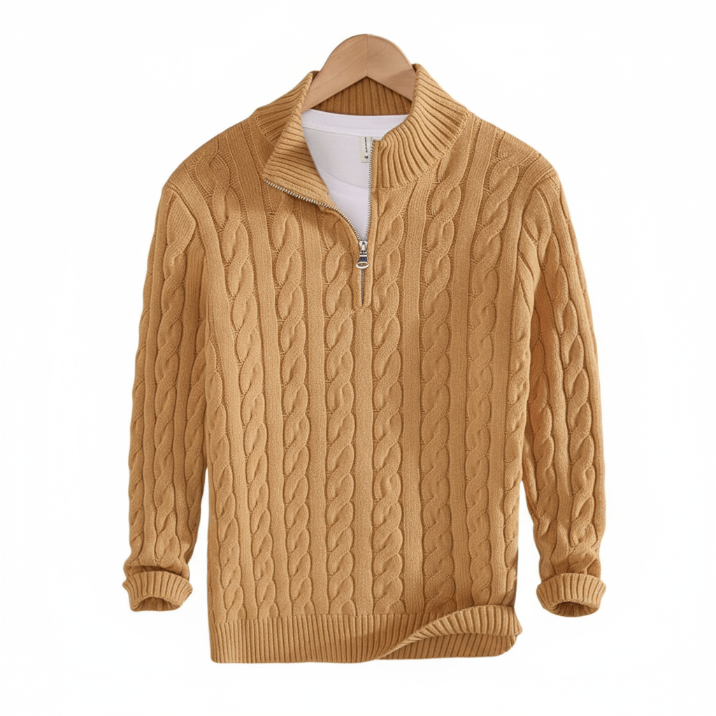 Menswear half-zip pullover sweater, offering versatile style and comfort for everyday and layering.