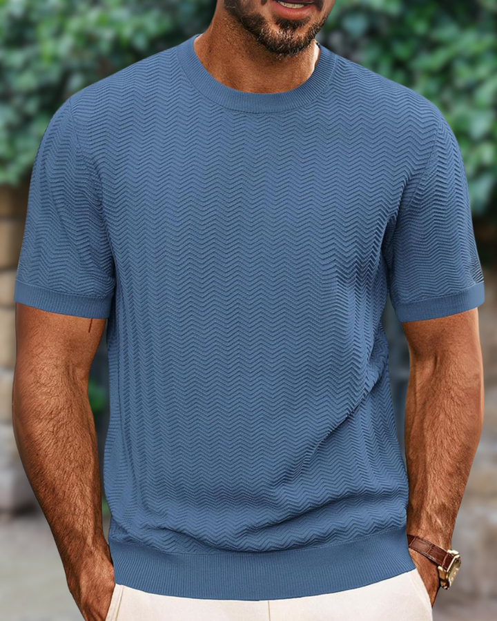 Versatile men's basic round neck tee, ideal for casual summer style. Soft feel stretch knit shirt.
