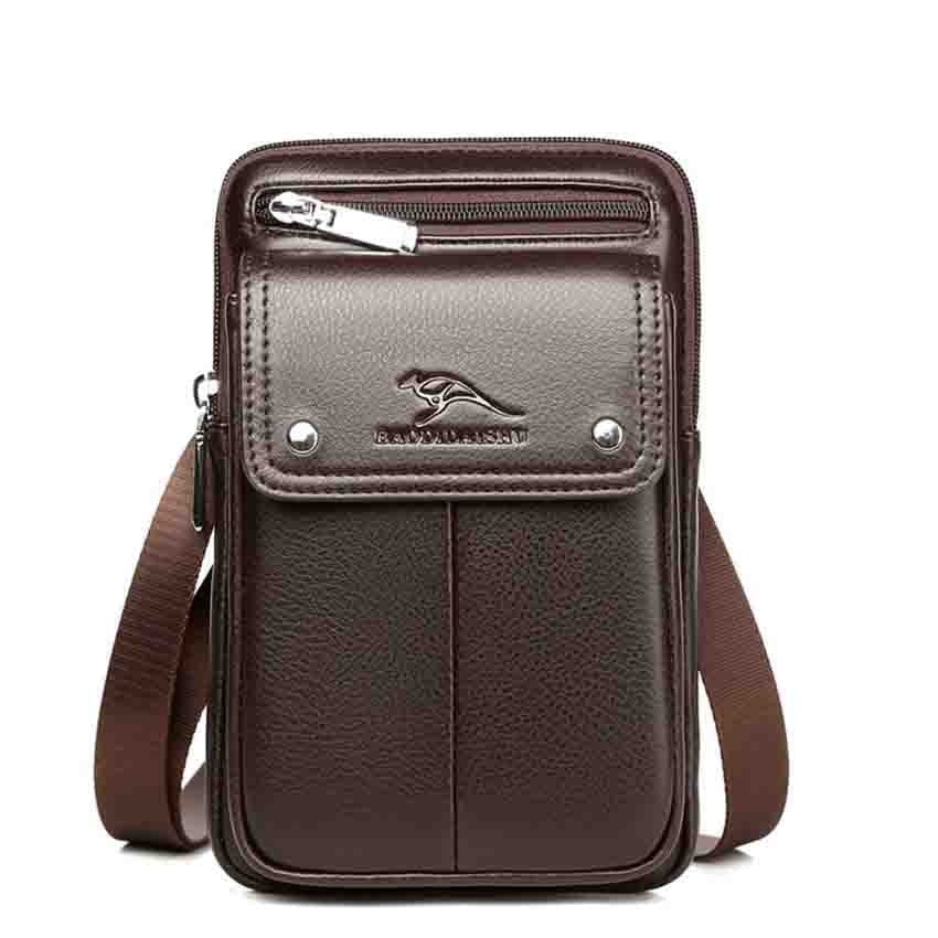 Modern men's compact PU leather shoulder bag, adjustable strap, perfect for essentials.