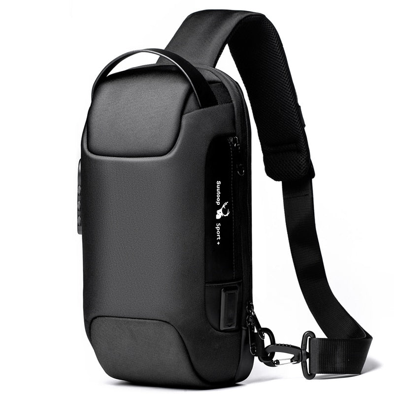 Men's compact water-resistant crossbody bag with anti-theft design & USB charging port.
