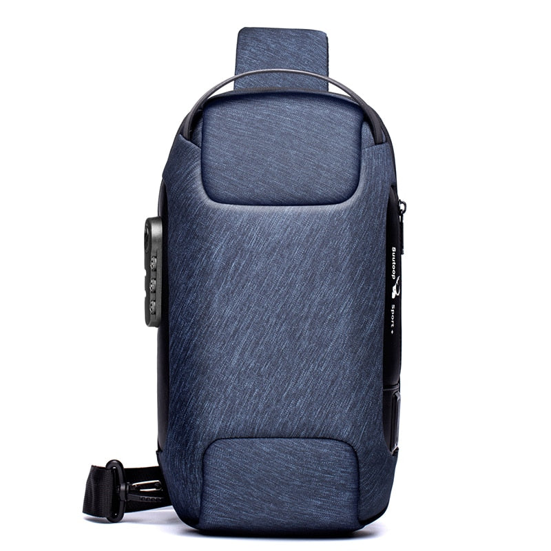 Durable men's anti-theft sling bag, water-resistant, ideal for travel with USB charging.