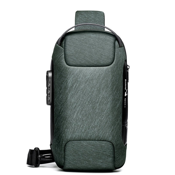 Men's water-resistant sling bag, compact for essentials, features anti-theft & USB charging.