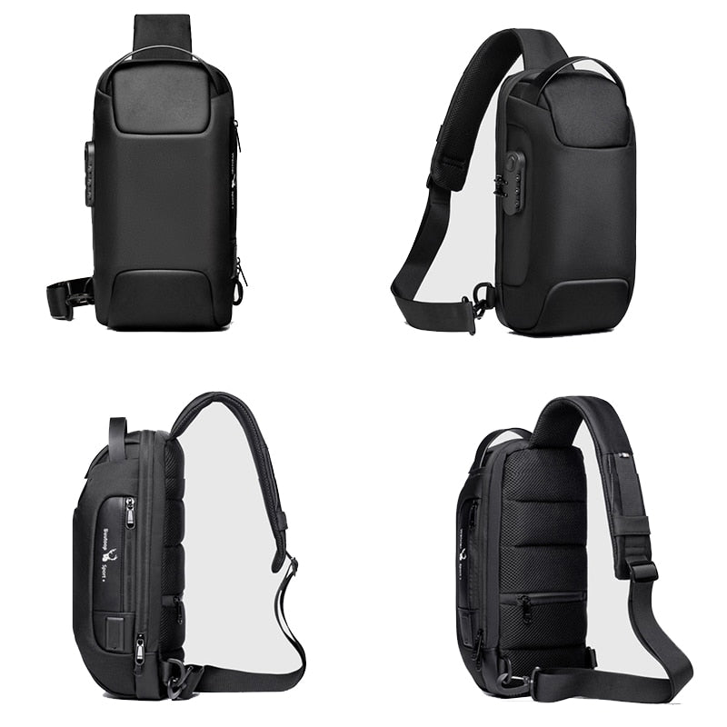 Compact men's anti-theft crossbody bag, water-resistant with USB charger for secure daily use.