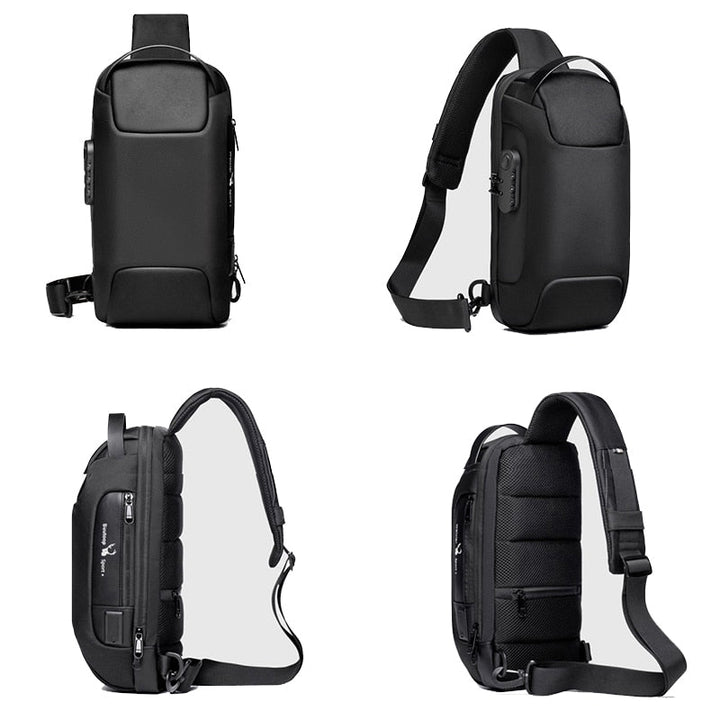 Compact men's anti-theft crossbody bag, water-resistant with USB charger for secure daily use.