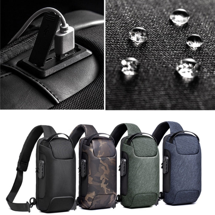 Men's compact travel bag with external USB charging port, anti-theft & water-resistant.