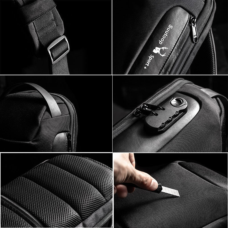 Functional men's daily carry sling bag, water-resistant, anti-theft & USB charge enabled.