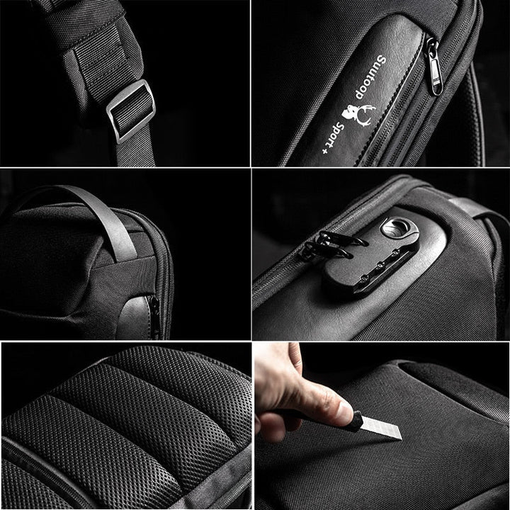 Functional men's daily carry sling bag, water-resistant, anti-theft & USB charge enabled.