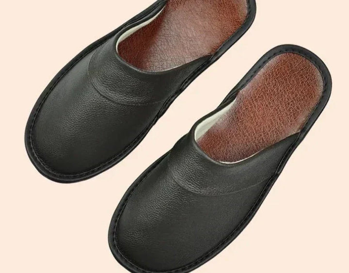 Trendy brown leather men's slippers, perfect cozy indoor footwear for ultimate comfort.
