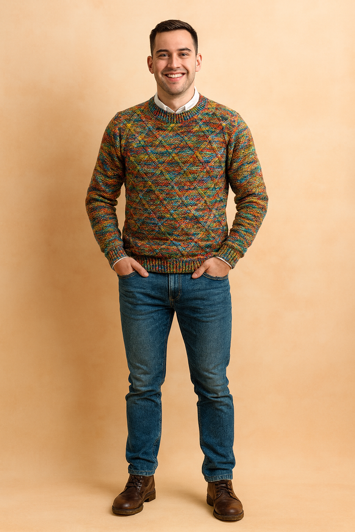 Men's cozy winter pullover with blue & orange diamond pattern, perfect for warmth & casual style.