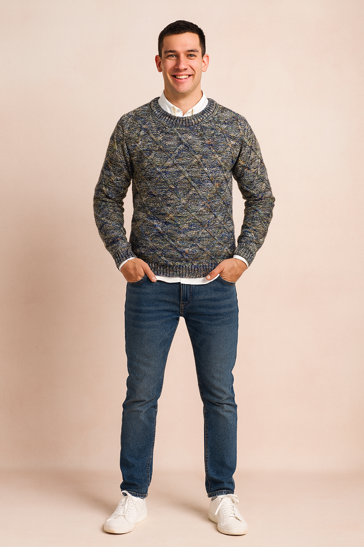 Warm men's knit pullover featuring a multicolor diamond pattern & round neck for comfortable winter fashion.