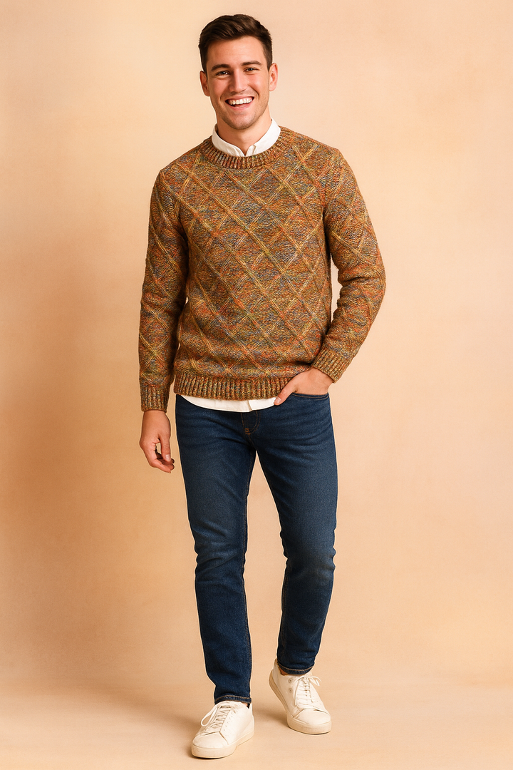Smart casual men's blue & orange diamond pattern pullover, a warm round neck knit for winter comfort.