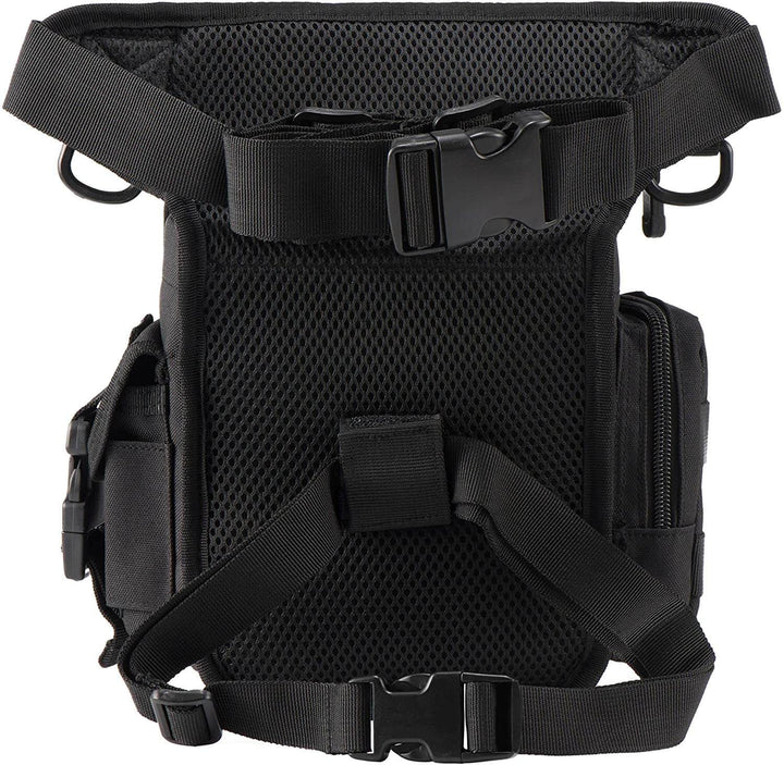Men's tactical gear drop leg bag, water-resistant, multi-pocket, perfect for travel, motorcycle, and utility.