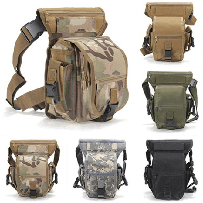Water-resistant men's tactical drop leg bag with multiple pockets, perfect for motorcycle & outdoor adventures.