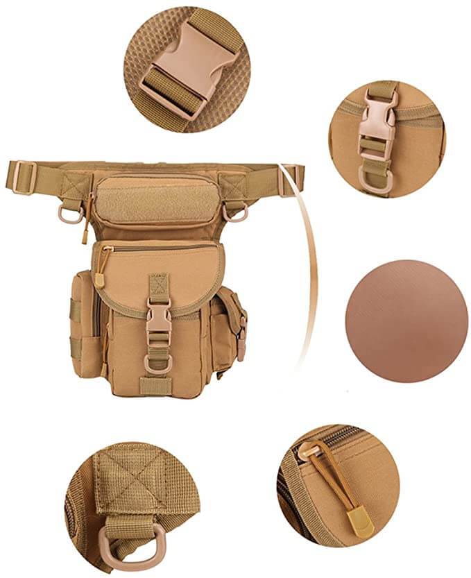 Practical men's drop leg gear bag, water-resistant with multiple compartments for outdoor and travel utility.