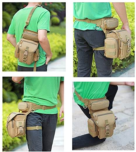 Tactical men's drop leg bag, water-resistant with ample storage, ideal for motorcycle riders & outdoor gear.