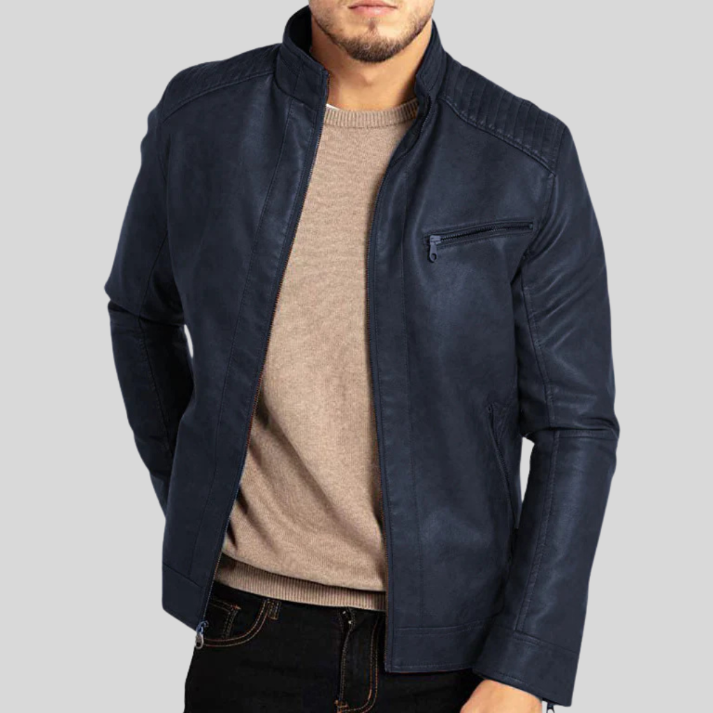 Stylish men's classic wind-resistant outerwear jacket. Durable and protective zip jacket for casual everyday wear.